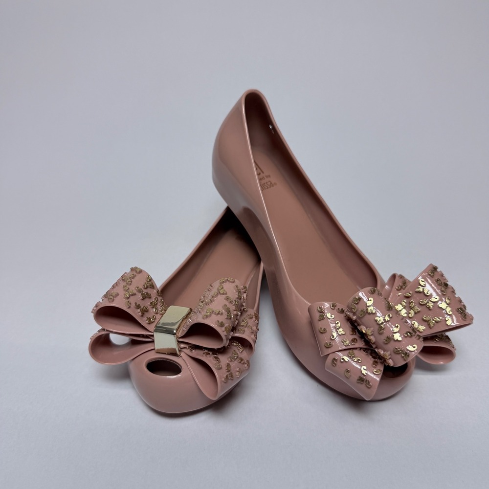 Mel by Melissa Pink Jelly Flats Butterfly Bow Peep Toe Shoes Kids Size 12